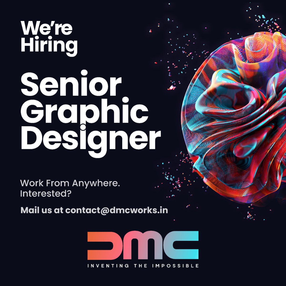 dmcworksin's tweet photo. We're hiring! We're looking for an experienced and senior #graphicdesigner to join our
team. If you're passionate about design and have a strong portfolio, we want to hear from
you!
Please send your CV and portfolio to contact@dmcworks.in and we'll be in touch.
#dmcworks #hiring https://t.co/I9JQzmuyMH
