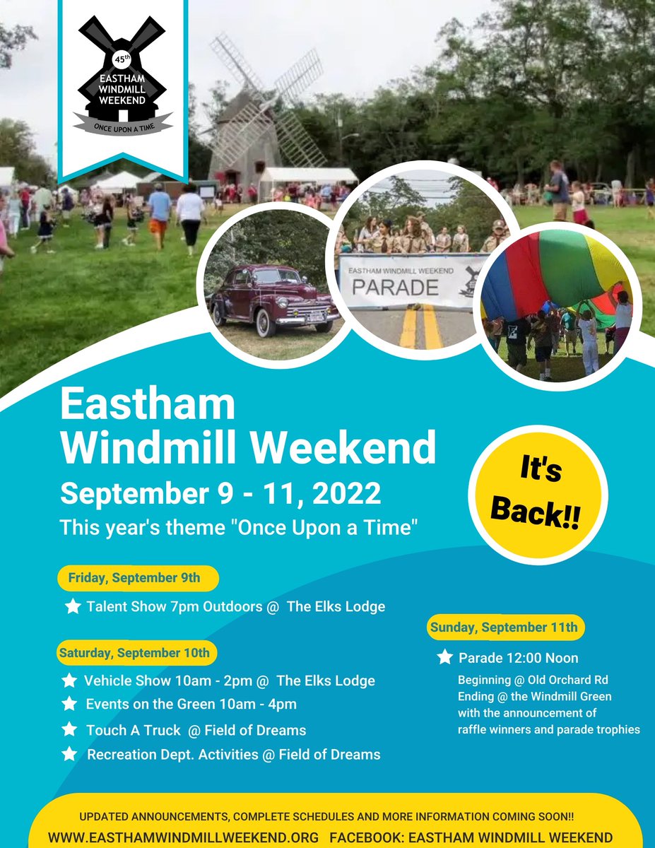 WeekendWindmill's tweet photo. 🎉Eastham Windmill Weekend is back for 2022!!!

⬆️ Link in bio ⬆️ https://t.co/qF86q3VOl1