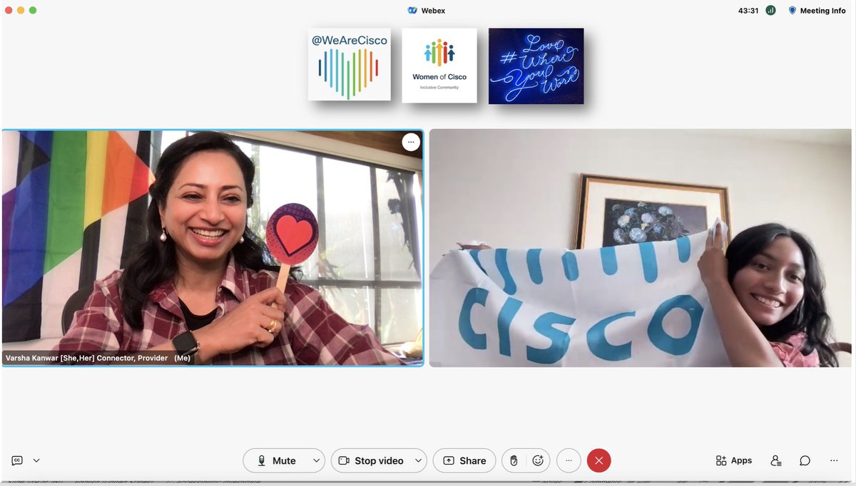 VarshaKanwar's tweet photo. #Cisco @Webex continues to be the bridge between cross-continent friendships and new #mentoring connections. Loved ๐ meeting Zara Shariff, a brilliant @CiscoIT intern and my daughterโs friend from high school, on #LifeOnWebex check-in. #WeAreCisco #LoveWhereYouWork https://t.co/cCV7TixO3K