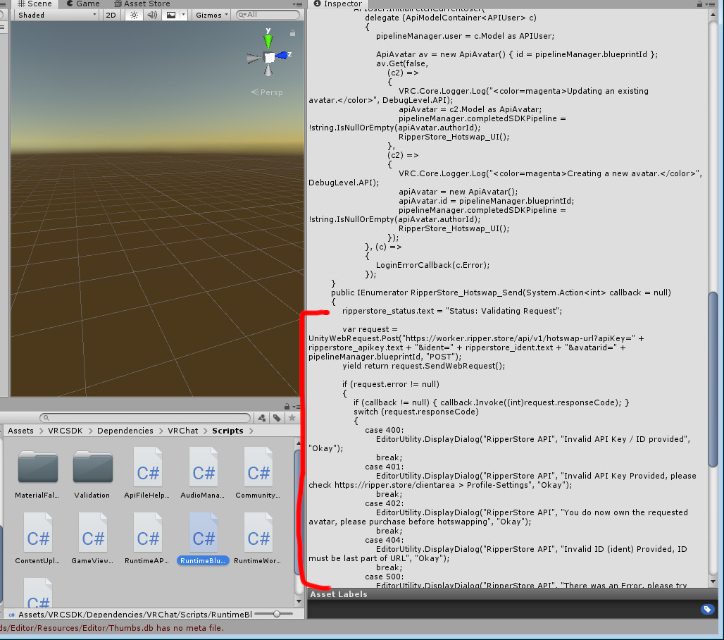 JJayBurdell's tweet photo. #Ripperstore caught red handed injecting code into the #VRChat SDK, don't let them fool you with their "we're just archiving them" bs gaslighting, the VRChat TOS clearly states you don't modify their SDK. https://t.co/pNJnPVq1JT
