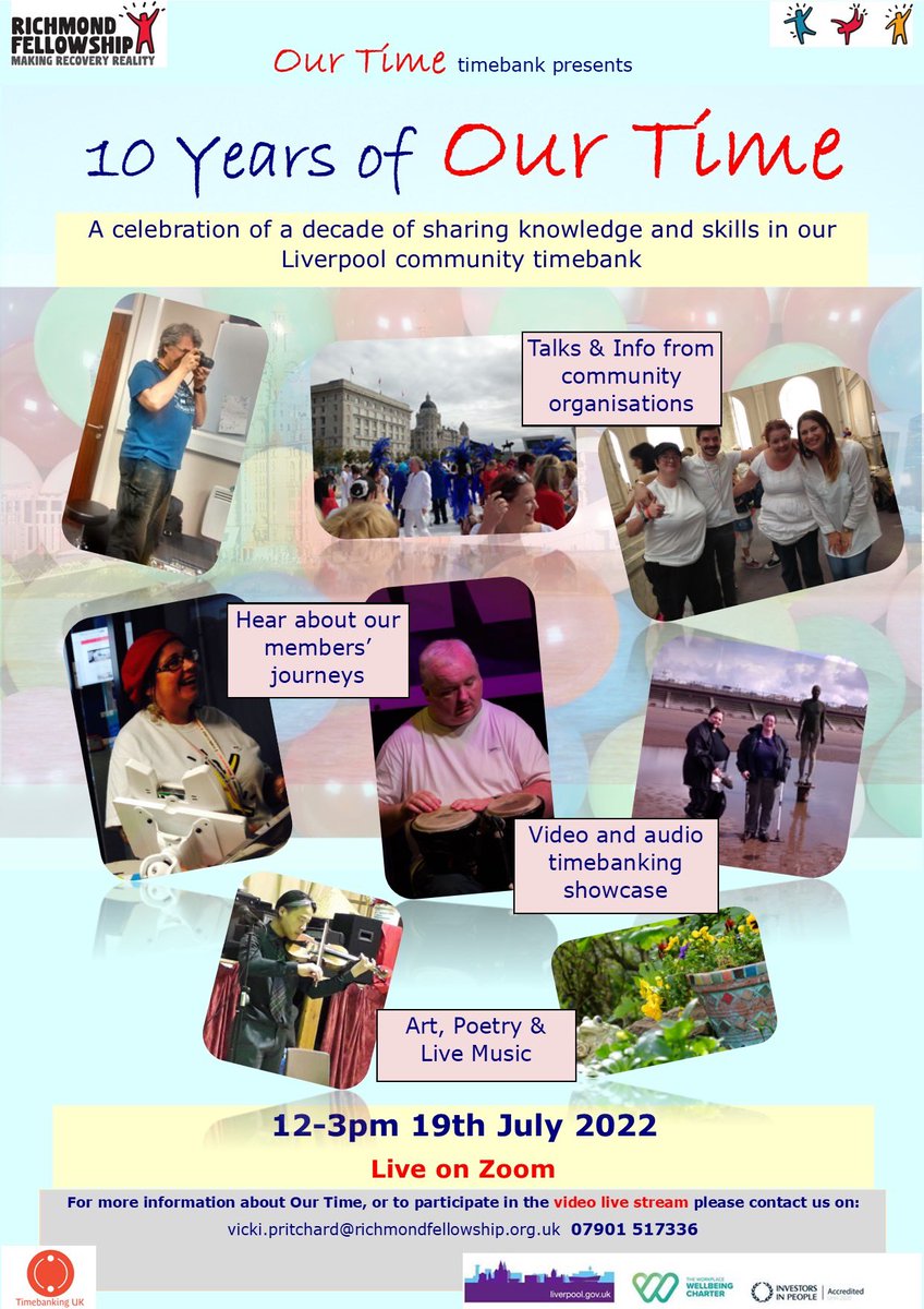 Next Tuesday 19th July we’ll be celebrating 1️⃣0️⃣ years of Our Time. Join us on Zoom to see our members showcase their skills and find out more about how you can join our free skills share network in Liverpool ⏰ @rfmentalhealth