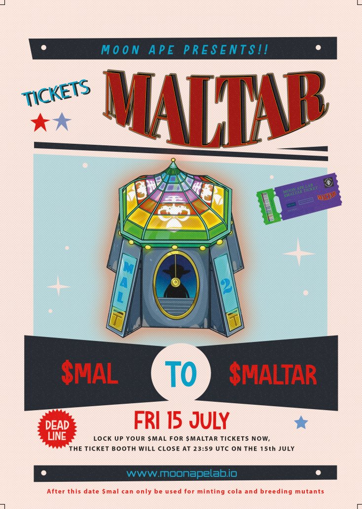 MoonApeLab's tweet photo. Here's a quick reminder for all Moon Ape Holders: 

You have just over 2 days to burn your $mal tokens for Maltar Tickets - full details available in Discord

Good luck! https://t.co/okb0rJ4770