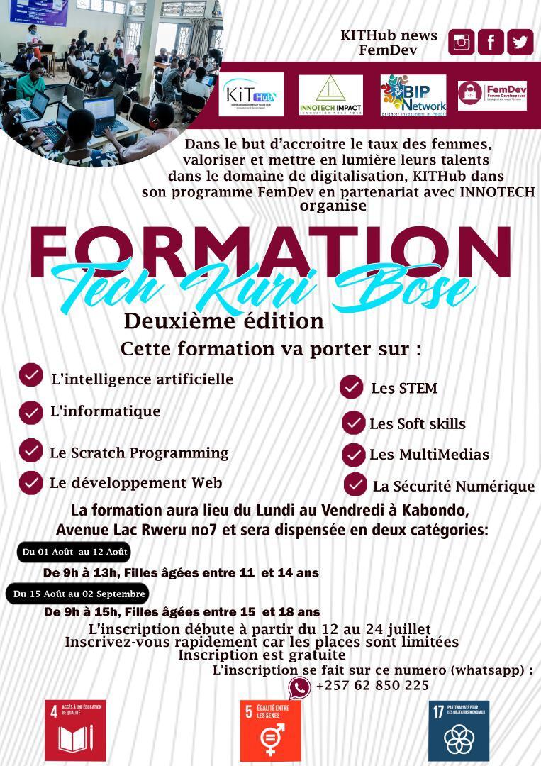 KithubNews's tweet photo. Puisque les vacances c'est pour apprendre ce qu'on n'a pas vu en classe,sous le slogan "Le digital est aussi féminin",KIT Hub à travers son programme FemDev,organise une formation pour vos filles, sœurs, cousines, voisines, nièces,....

Inscrivez-les https://t.co/EsbbMjgJZU