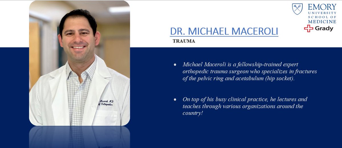 Please join us to #Spotlight our expert faculty           
Dr. Michael Maceroli! @MaceroliMichael
  
Learn More: gradyhealth.org/doctors/michae…

#MedTwitter #orthotwitter #emorystrong #gradystrong #DoctorSpotlight #Orthopedics  #Trauma #surgeon #fractures #acetobulum #pelvicring