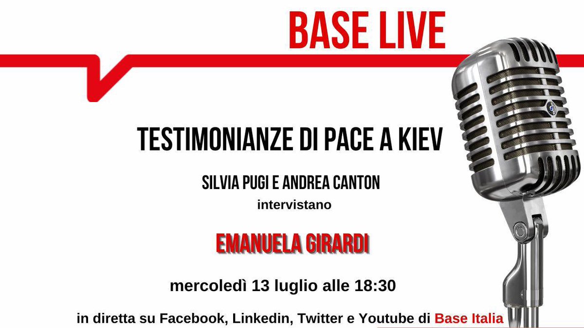 🎙 Oggi alle 18.30 ritorna #baselive speciale “Testimonianze di pace a #Kiev” 🕊🇺🇦 Silvia Pugi e Andrea Canton intervistano Emanuela Girardi in diretta su Facebook, Linkedin, Twitter e YouTube #baseitalia 

#13luglio #ucraina #russia #corpicivilidipace #mean #guerra #war #pace