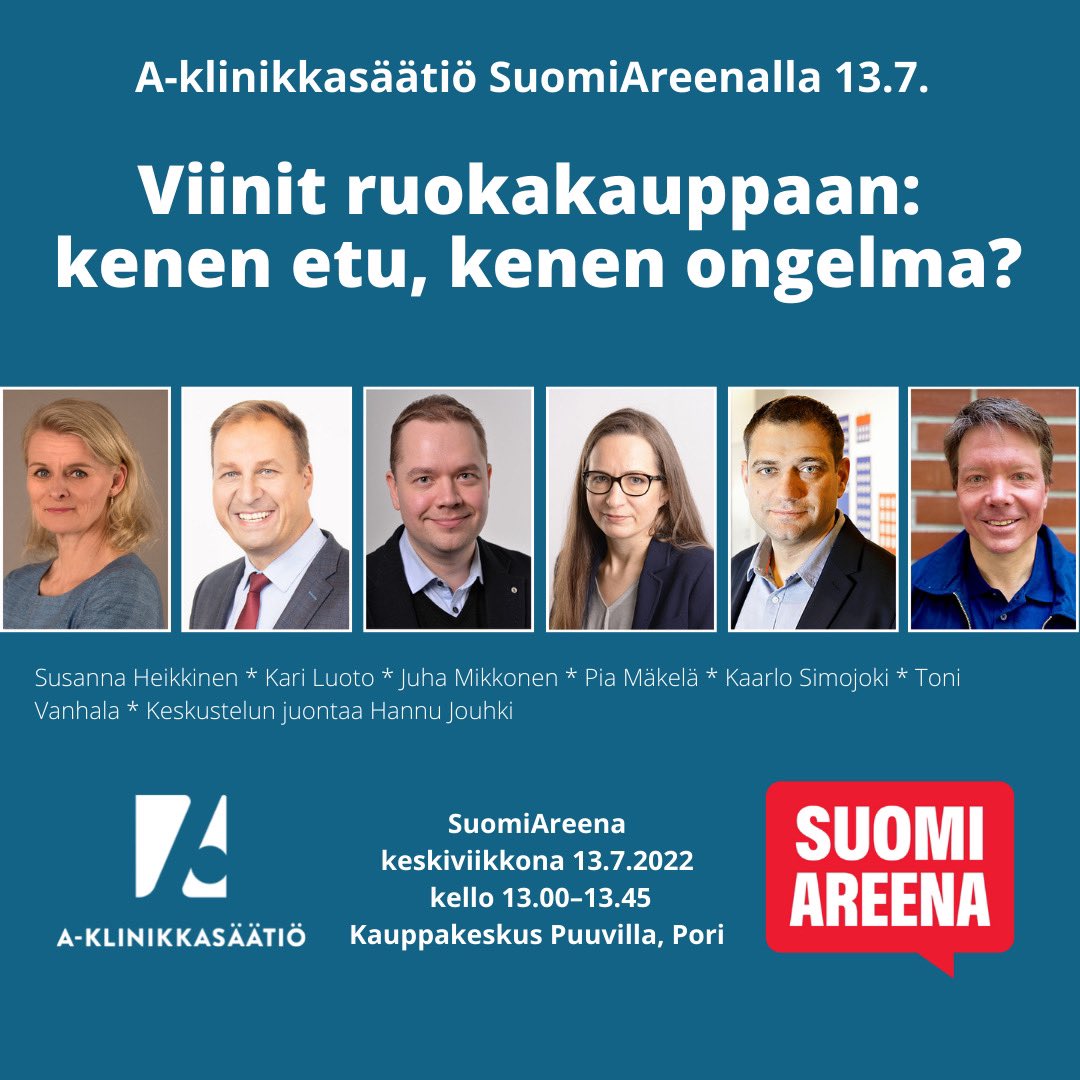 Tänään luvassa kuuma keskustelu aiheesta viinit ruokakauppoihin. Tervetuloa Puuvillaan klo 13 🤗 <a href="/SuomiAreena/">SuomiAreena</a> <a href="/KariJLuoto/">Kari Luoto</a> <a href="/PTYfi/">PTY ry</a> <a href="/Alkoholi_SAJK/">SAJK alkoholikauppa</a> <a href="/THLorg/">THL</a> <a href="/Laakariliitto/">Suomen Lääkäriliitto</a> @aklinikka <a href="/tampereenakilta/">Tampereen A-Kilta ry</a> <a href="/susannap2r/">Susanna Heikkinen</a> <a href="/pia_makela/">Pia Mäkelä</a> <a href="/JMikkonen/">Juha Mikkonen, PhD</a> <a href="/kaarlosimojoki/">Kaarlo Simojoki</a> <a href="/toni_vanhala/">Toni Vanhala</a> <a href="/HannuJouhki/">Hannu Jouhki</a>