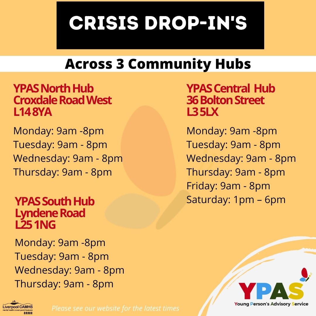 YPAS Liverpool (@ypasliverpool) on Twitter photo YPAS offers a Crisis Drop-In Service 6 days a week.
No appointment is needed - please save and share this post!
#mentalhealth #support #wellbeing
@LivCAMHSFYI <a href="/gyroliverpool/">GYRO- LGBTQ+Youth 🏳️🌈🏳️⚧️</a> <a href="/MYARAISETeam/">MYA RAISE Team</a> <a href="/lpoolcouncil/">Liverpool City Council</a> YPAS offers a Crisis Drop-In Service 6 days a week.
No appointment is needed - please save and share this post!
#mentalhealth #support #wellbeing
@LivCAMHSFYI <a href="/gyroliverpool/">GYRO- LGBTQ+Youth 🏳️🌈🏳️⚧️</a> <a href="/MYARAISETeam/">MYA RAISE Team</a> <a href="/lpoolcouncil/">Liverpool City Council</a>