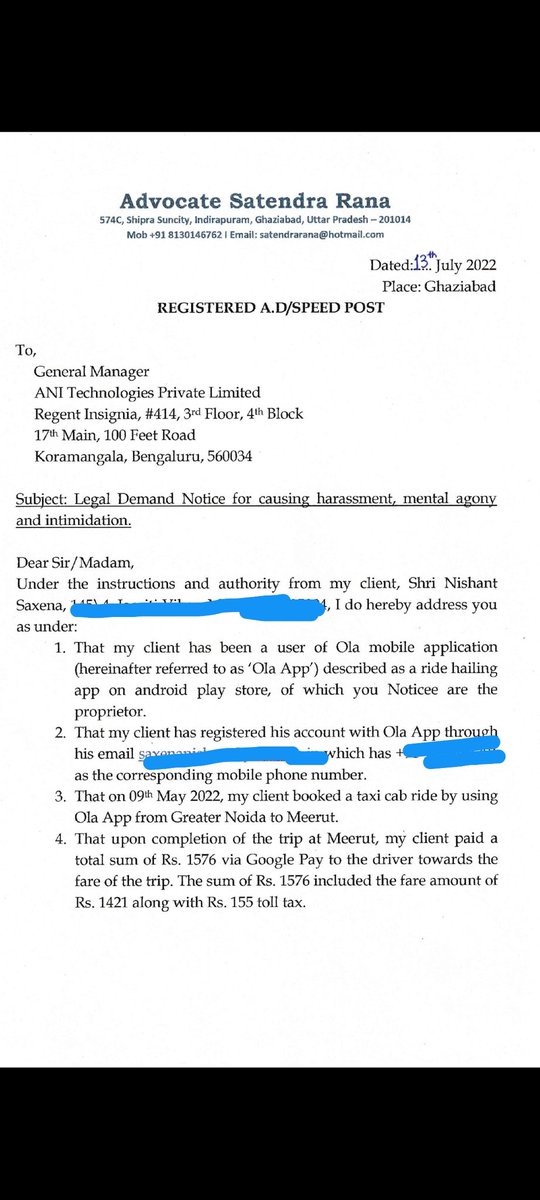 nishant9717's tweet photo. After facing harassment, threatening messages &amp; calls for two months over a 'fake' issue of non-payment of Rs1421, I have sent a legal notice to @Olacabs. You can imagine what it must have been for me and my family that I had to seek legal counsel. @ola_supports @bhash #ShameOla https://t.co/WOZBmfxyaE