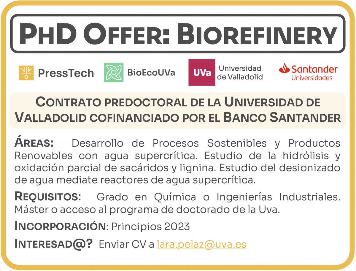 BioEcoUVa's tweet photo. 📣 OFERTA | Contrato predoctoral de la Universidad de Valladolid cofinanciado por el Banco Santander. 

📍#PressTech @BioEcoUVa
⏰Deadline: 14h00 del 27/07/2022

👀Convocatoria: https://t.co/FcknPtLQNV https://t.co/QWNzGhlUOS