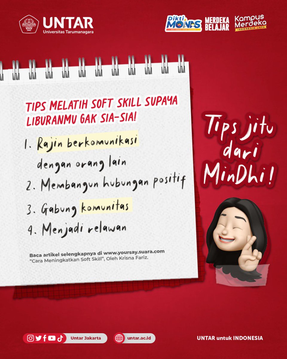 UntarJakarta's tweet photo. Lagi liburan tapi bingung mau ngapain? Latih soft skill yuk bareng MinDhi! 

“Tapi gimana caranya Min?” 

MinDhi udah rangkumin tips and trick nya khusus buat kamu nih. 😎

#TipsJitu 
#UntarJakarta https://t.co/lAseePlrYJ