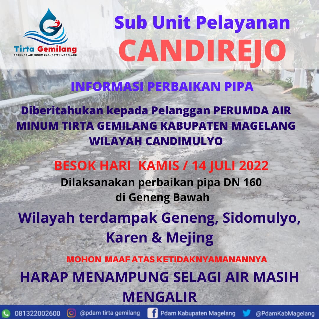 informasi perbaikan pipa DN 160 di Geneng Bawah 

#pdam #perumda #perumdaairminum #tirtagemilang #kabupatenmagelang #kabmagelang #kominfomagelang