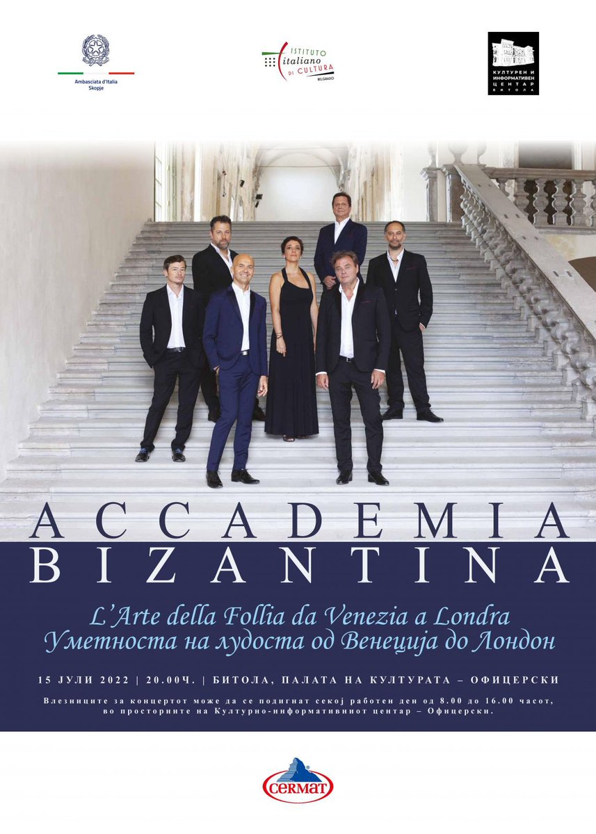 Concerto “L’Arte della Follia da Venezia a Londra” dell’<a href="/AccademiaBizant/">Accademia Bizantina</a> a Bitola

🗓 15|07|2022  ⏰ 20.00
📍 Palazzo della Cultura (già Circolo dell’Esercito), Bitola, Macedonia del Nord

👉 iicbelgrado.esteri.it/iic_belgrado/i…

<a href="/ItalyinMKD/">Italy Embassy Skopje</a>
