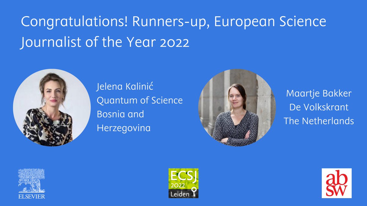 And congratulations Jelena Kalinić @JelenaSashimi freelance science journalist from Bosnia and Herzegovina, &amp; <a href="/maartjebakker/">Maartje Bakker</a> science journalist at <a href="/volkskrant/">de Volkskrant</a> in The Netherlands – who are the European Science Journalist of the Year 2022 award runners up! #ECSJ2022 <a href="/ecsj2022/">ecsj2022</a>