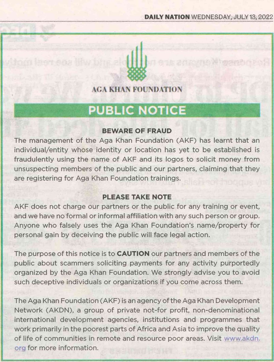 AKF_EA's tweet photo. 📢 Public notice: We have learnt that an imposter posing as our staff is fraudulently using the name of AKF and its logos to solicit money from unsuspecting members of the public and our partners. Please avoid such deceptive individuals or organizations if you come across them. https://t.co/JnQV2TuQNi