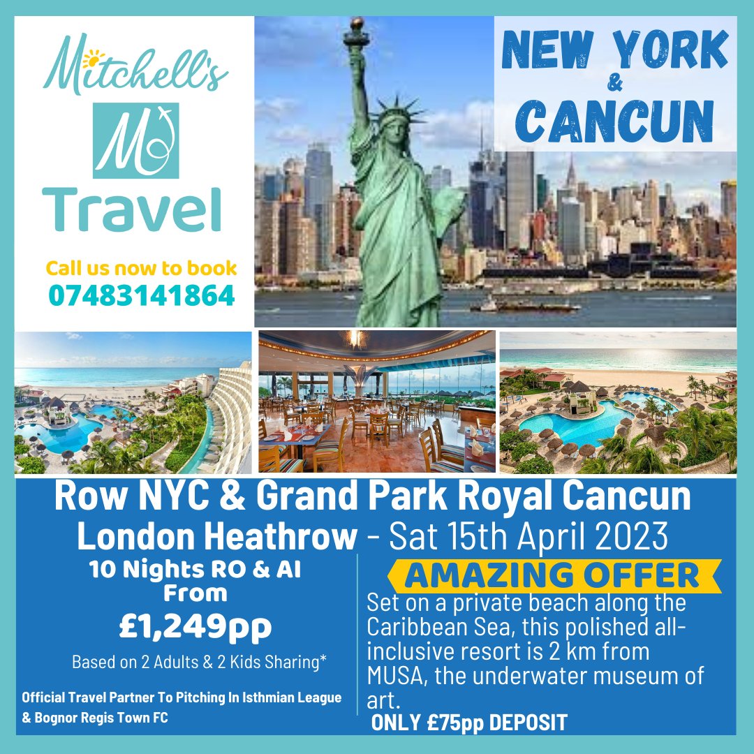 💥AMAZING OFFER💥
LOW DEPOSIT £75pp
SEE PICTURE FOR FULL DETAILS
🌟 Call Mitchell’s Travel Today To Book Your Next Holiday
☎️ 07483141864
⚽️ Official Travel Partners To <a href="/IsthmianLeague/">The Pitching In Isthmian League</a> &amp; <a href="/rocks1883/">Bognor Regis Town</a> 
#holidays #NYC #cancun