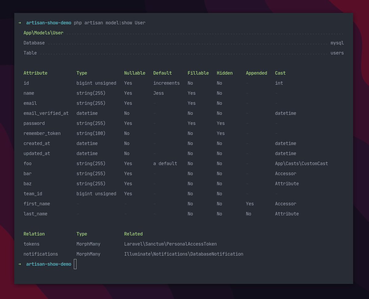 jessarchercodes's tweet image. I've PR'd a new `model:show` command to @laravelphp!
It combines information from the database alongside information from Eloquent to show you everything in one place!
github.com/laravel/framew…