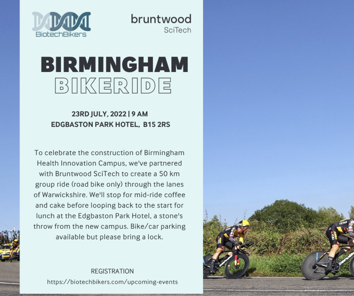 Biotech-oriented? Ride a bike? Why not combine the two with the BiotechBikers?! Join the ride I'm leading, leaving from University of Birmingham on Saturday 23rd July. Sign up here...biotechbikers.com/upcoming-events