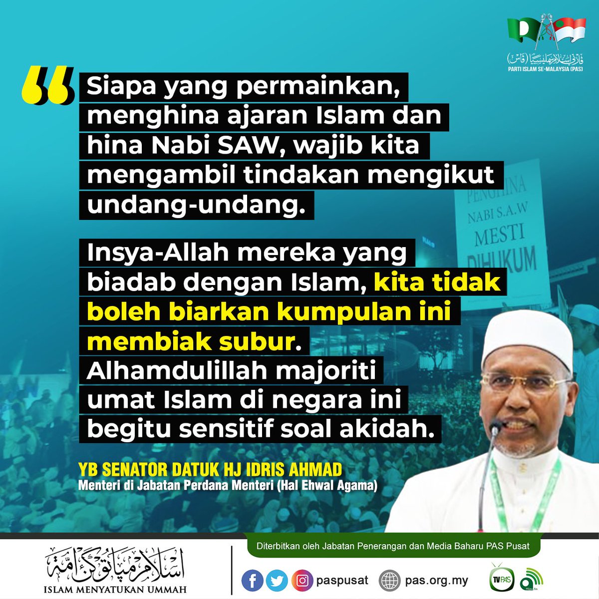 PASPusat's tweet photo. Siapa yang permainkan, menghina ajaran Islam dan hina Nabi SAW, wajib kita mengambil tindakan mengikut undang-undang. https://t.co/jkwGaVvf5U