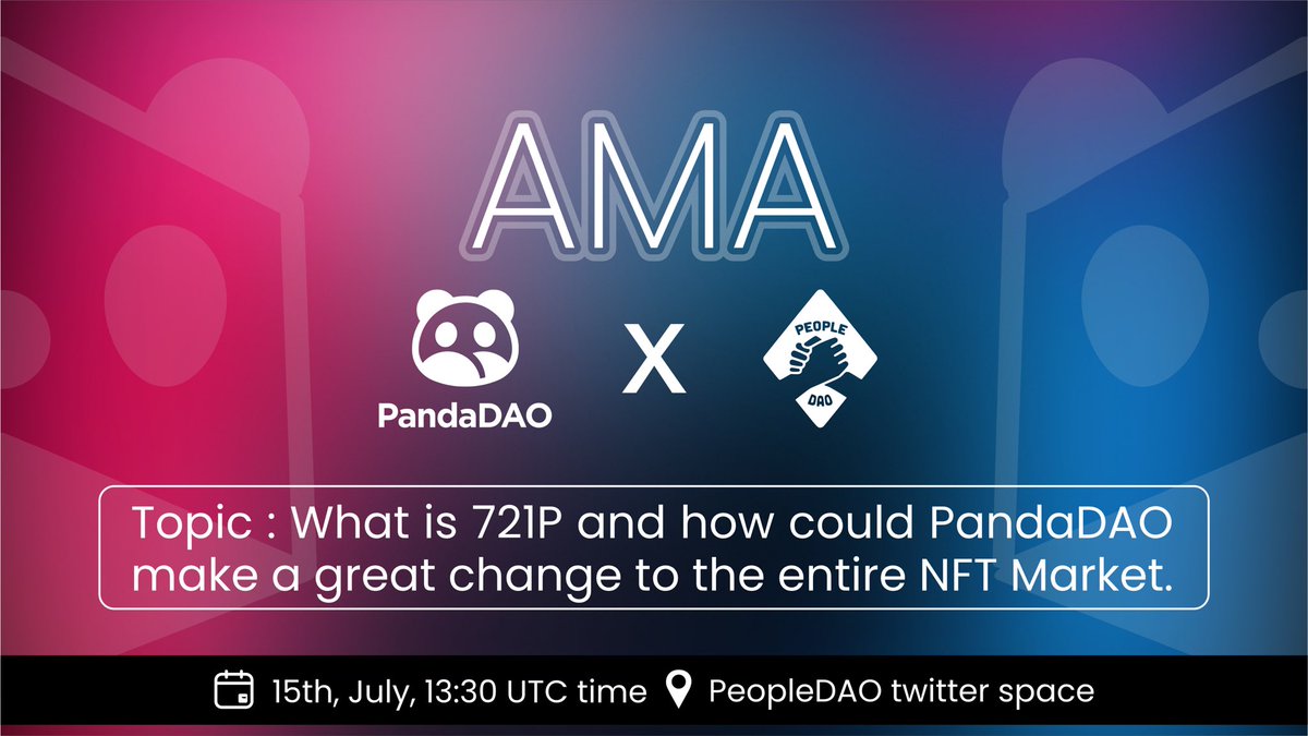 PandaDAO_Office's tweet photo. Inviting everyone to join our AMA with @The_PeopleDAO &amp; @RandomPandaClub this Friday!

Time: 15th, July, 13:30UTC; 北京时间21:30
Location：PeopleDAO twitter space

Participants will be rewarded with OAT, find more information here: https://t.co/h431o3RNRx https://t.co/yjBSg6eATa