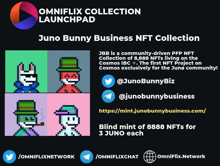 FlixFanatics's tweet photo. We have a JBB #NFTGiveaway 

1} Like &amp; RT this post
2} Follow @JunoBunnyBiz @FlixFanatics &amp; @OmniFlixNetwork
3}Tag 3 friends

Ends 19th July &amp; rewards are
2x JBB NFT each &amp;
1 x 10 $JUNOs

Your chances increase if you
Mint &amp; Share an NFT from the collection
https://t.co/BvIbmHMSvB https://t.co/QXgAgwgwlR