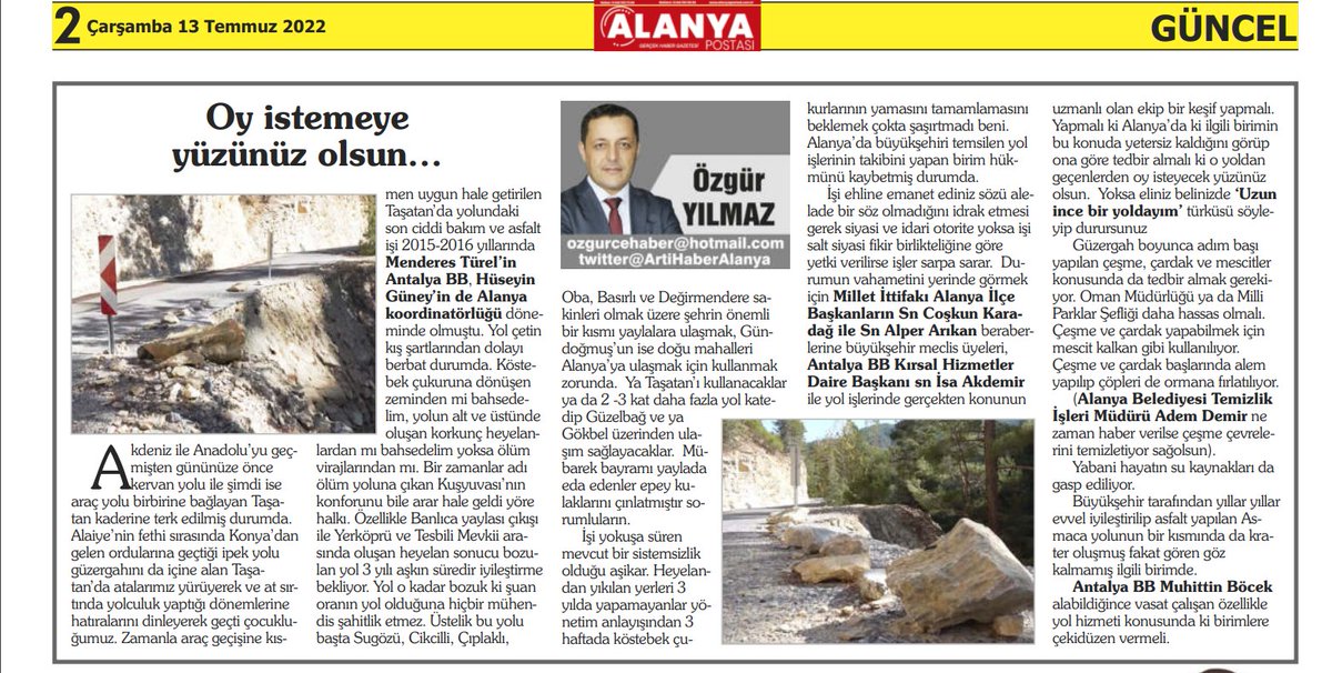 ArtiHaberAlanya's tweet photo. Yol medeniyettir. Antalya İl Özel İdare döneminde sn Cavit Arı'nın da desteği ile Alanya'dan Sn Mustafa Sünbül ile arkadaşlarının, Sn Hüseyin Güney ve Arif Yeni ve arkadaşlarının emekleri ile yol denecek hale gelmişti. Bu gün bildiğin keçi yoluna döndü TAŞATAN YOLU https://t.co/NesIE3evz0