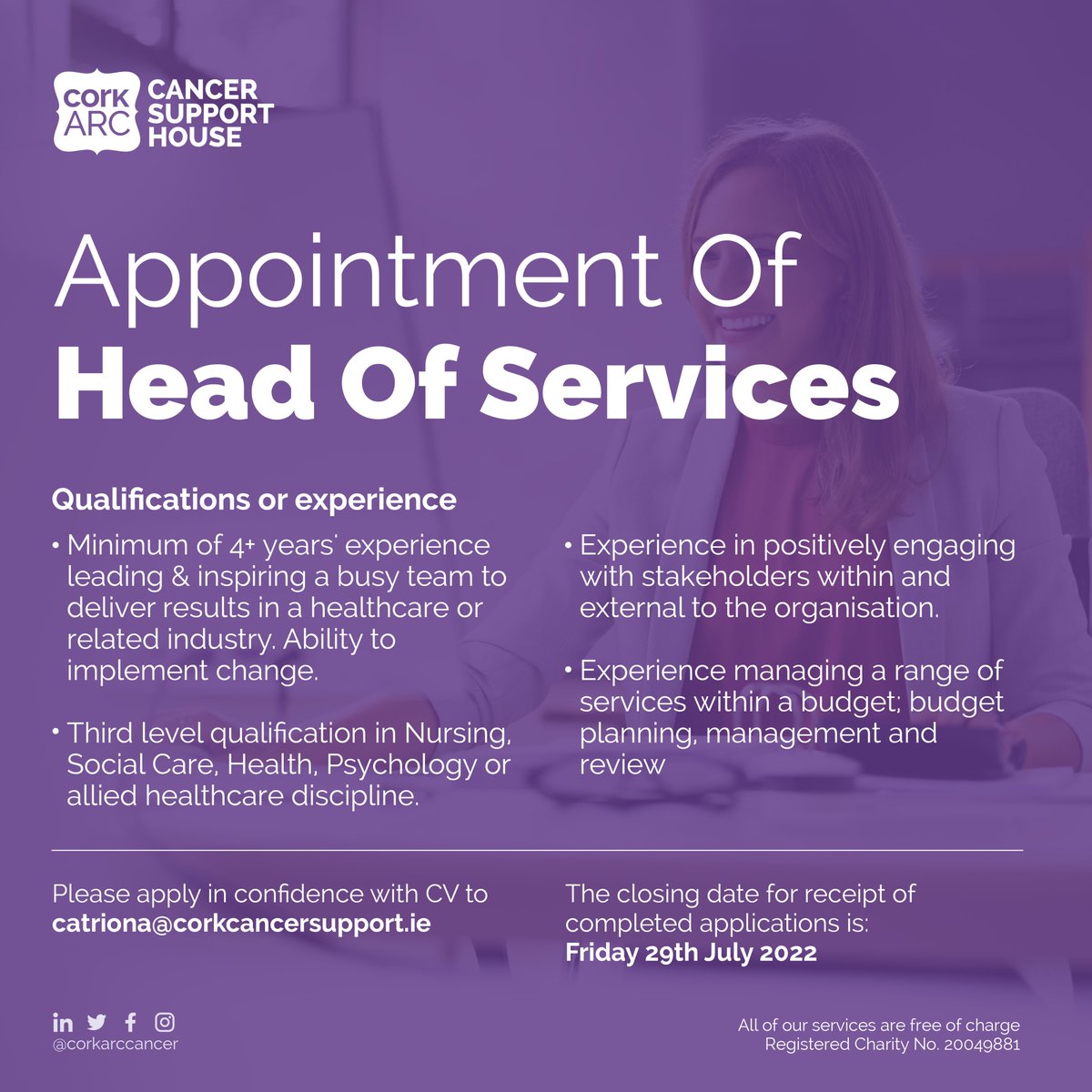 CorkARCcancer's tweet photo. Cork ARC Cancer Support House is recruiting for the position of 𝗛𝗲𝗮𝗱 𝗼𝗳 𝗦𝗲𝗿𝘃𝗶𝗰𝗲𝘀. 

The core purpose of this role is to lead, develop &amp; manage Cork ARC's services team  &amp; delivery of services.

Apply in confidence to catriona[at]https://t.co/YEyOuQ2zk0 by July 29th. https://t.co/5WNBD6ktj8