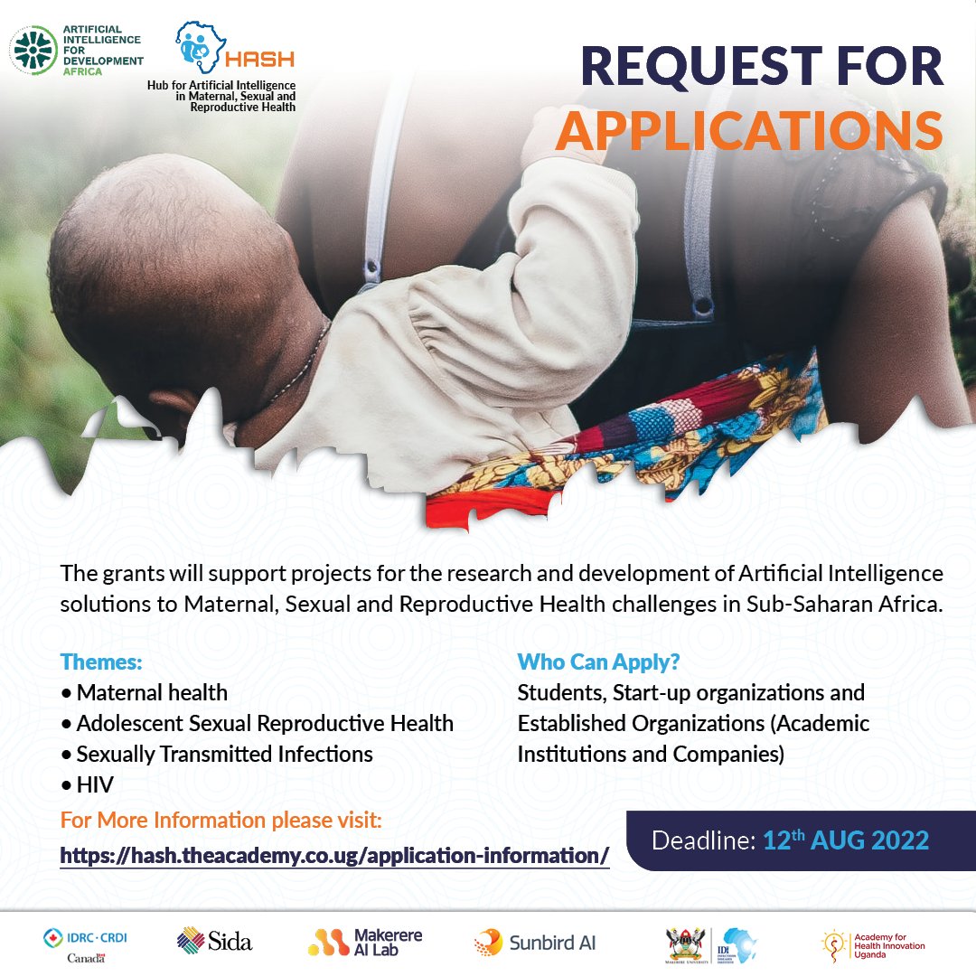 Infectious Diseases Institute, Makerere University (@idimakerere) on Twitter photo Do you have an interest in artificial intelligence in Maternal, Sexual, and Reproductive health?
Apply for this funding opportunity from <a href="/AiHub4MSRH/">Hub 4 AI in Maternal,Sexual & Reproductive Health</a> with an amount of $40,000
Deadline: 12th August 2022
For more information, visit: bit.ly/39P6Ia7 Do you have an interest in artificial intelligence in Maternal, Sexual, and Reproductive health?
Apply for this funding opportunity from <a href="/AiHub4MSRH/">Hub 4 AI in Maternal,Sexual & Reproductive Health</a> with an amount of $40,000
Deadline: 12th August 2022
For more information, visit: bit.ly/39P6Ia7