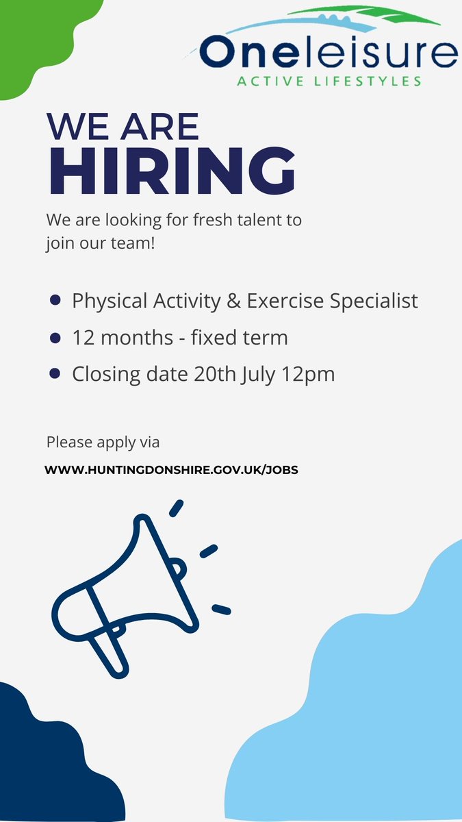HDC_Active's tweet image. We're looking for a Physical Activity &amp;amp; Exercise Specialist to join our team!

Please visit buff.ly/3nZv2JH for the full job description and details on how to apply.

Closing date: 20th July 12pm.
@oneleisureuk 
@huntsdc 
@PHJobsUK 
@pubhealthjobsuk