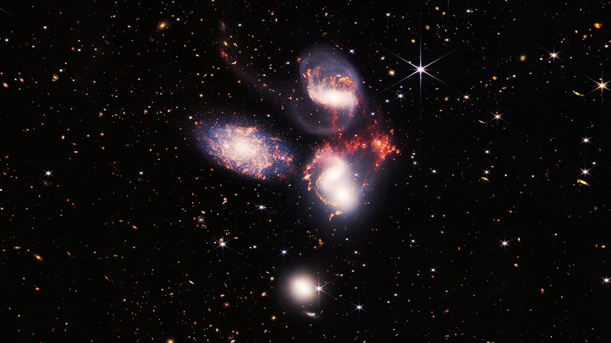 NewsBytesApp's tweet image. Of the new images released, the most thrilling one is of the elusive quintets called ‘Stephen’s Quintets.’ Situated 90 million parsecs away in the constellation Pegasus, the picture of this tightly packed cluster of galaxies reveals the formation of millions of young stars.