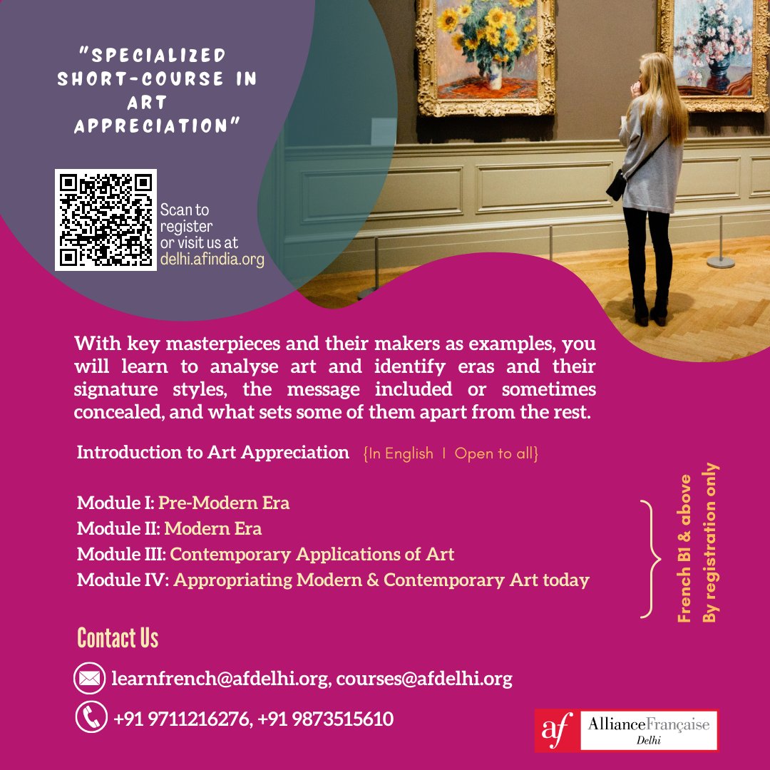 alliancefrdelhi's tweet photo. Museums, NFT & Art Appreciation in the twenty-first Century, " A specialised short-course in #Art Appreciation". Course starting from 6th August 2022.
For registration & more info: https://t.co/I4oxW6B8dL
#artappreciation #afdelhi #shortcourse #frenchlanguage #afdelhi https://t.co/9GpMpPIGSi