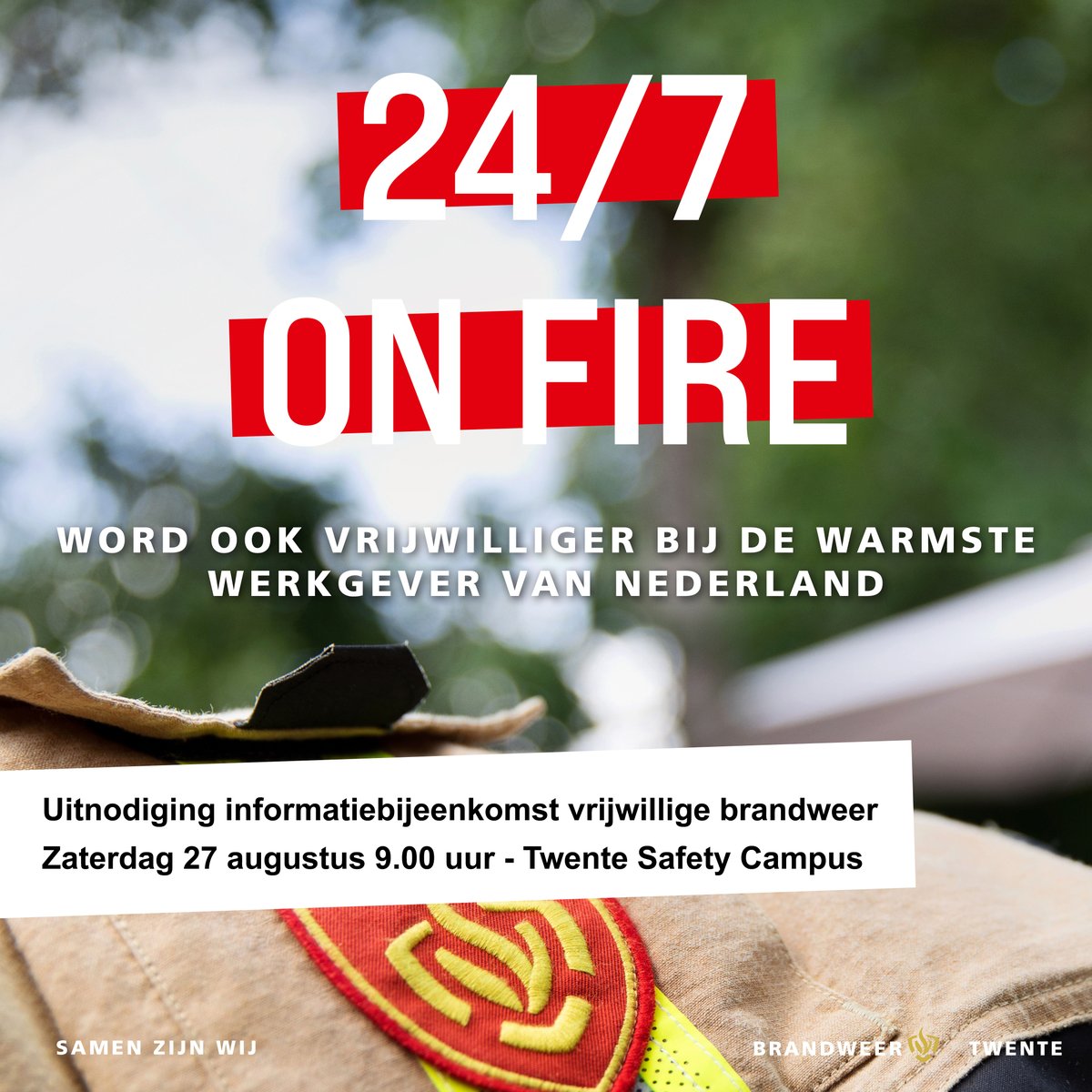 Op zaterdag 27 augustus van 9.00 tot 11.30 uur organiseren we voor geïnteresseerden in de vrijwillige brandweer een informatiebijeenkomst. We nemen je op de @safetycampusvrt in #Enschede mee in de wereld van de brandweer 🚒. #onfire #brandweertwente (1/2)