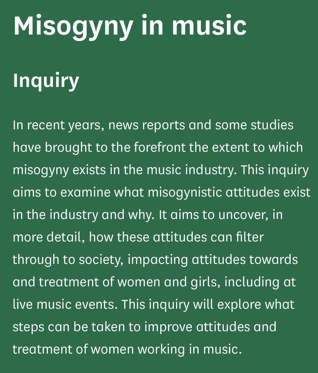 ‘Misogyny in Music’. 

Parliament’s Women &amp; Equalities Committee is holding an inquiry.

To help build useful evidence the <a href="/ukMPG/">Music Producers Guild</a> are running a survey. 

Please take part. 

These opportunities are rare. 

Thanks @Commonswomequ. 

<a href="/RebeccaFMusic/">Rebecca Ferguson MBE</a>
