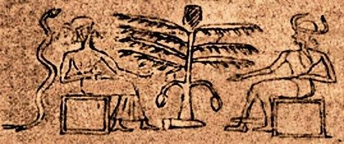 [لم يكونوا يعلمون صناعة الخبز ليأكلوه
لم يكونوا يعلمون الملابس ليلبسوها
كانوا يسيرون بفخوذ عارية في
الأصقاع
وكالأغنام كانوا يأكلون العشب بفمهم.
ويشربون الماء من الأقنية].
.
*آدم وحوّاء والشجرة والأفعى.. نقش لختم سومري 2500 قبل الميلاد.