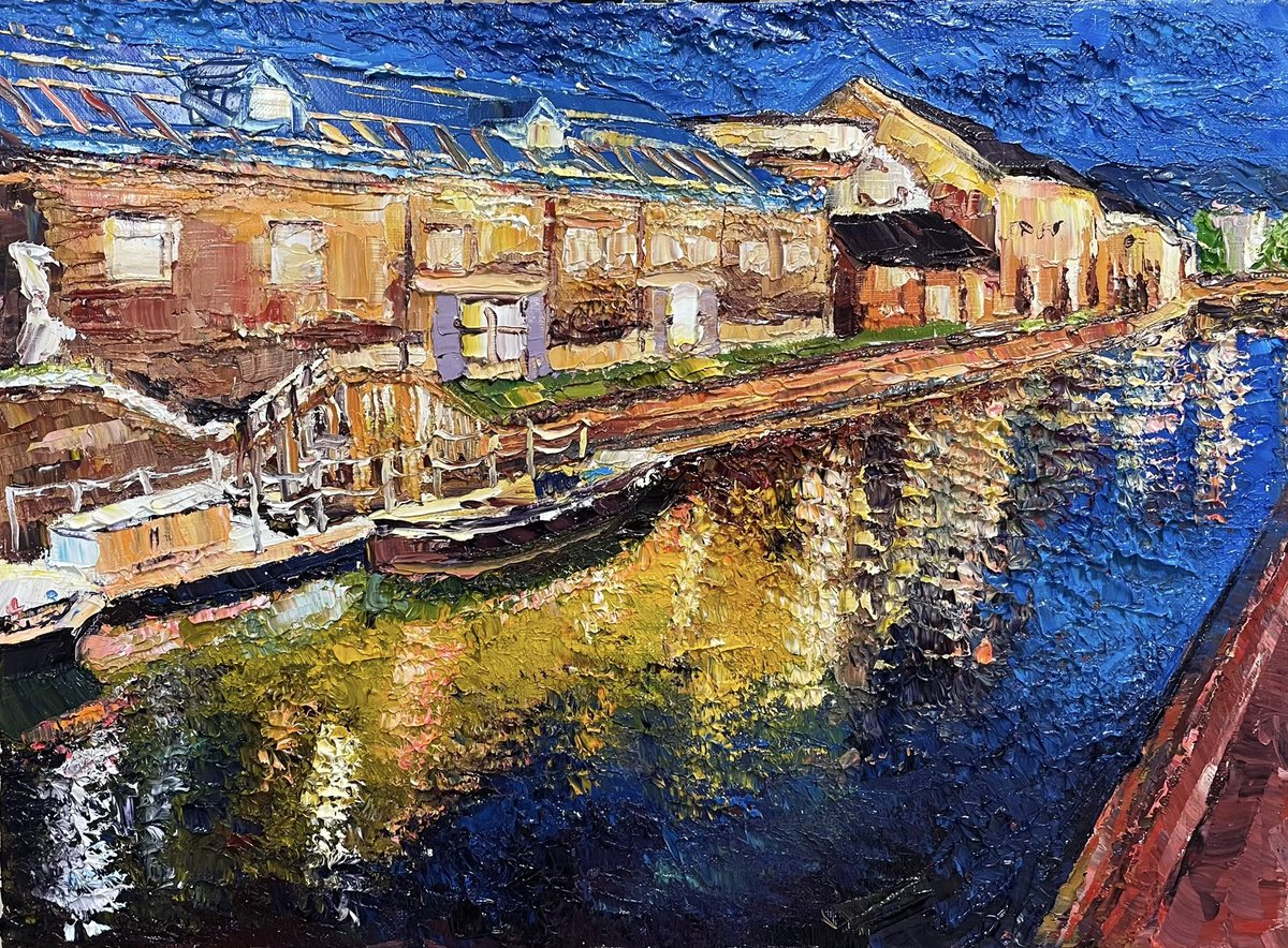 小樽運河 Oil on canvas P8(33×45㎝) 今年取材した北海道、小樽運河を