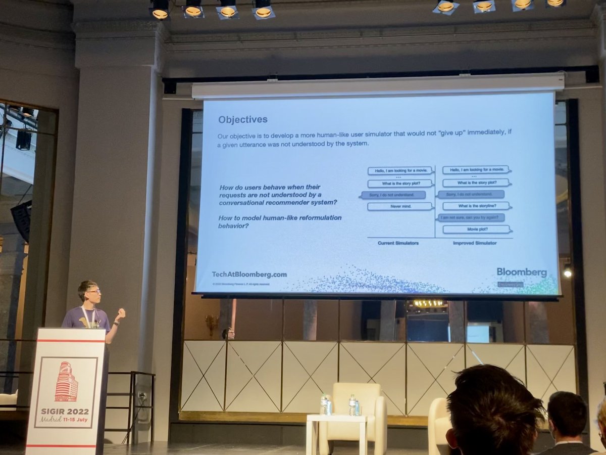 edgarmeij's tweet image. ⁦@imsure318⁩ rocking it at #SIGIR2022, explaining how to improve simulating reformulations for conversational search.