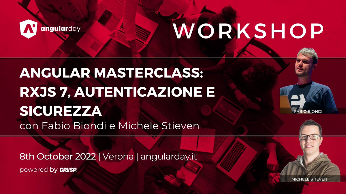 angularday's tweet image. Only one week left to get your #EarlyBird ticket to attend "Angular Masterclass: RxJS 7, autenticazione e sicurezza" with @biondifabio and @MicheleStieven

Get yours before the price will rise 🎫 2022.angularday.it/workshop

See you in Verona on Oct. 8th, 22

@grusp #angularday