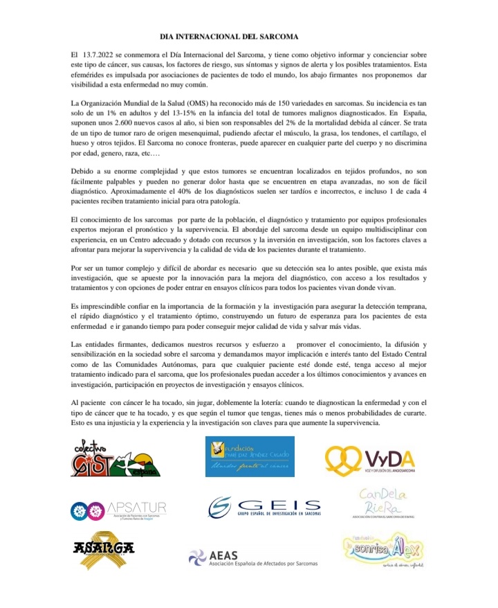asargasarcoma's tweet photo. Difundimos el comunicado oficial por este día tan importante.

#diainternacionaldelsarcoma #sarcoma #sarcomaawareness #masinvestigacionparamasvida #luchacontraelcancer https://t.co/VimC77yJ9n