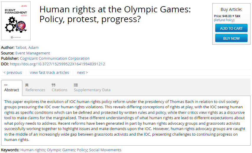 DrAdamTalbot's tweet photo. My latest paper on human rights and the Olympic Games is available online first @Event_Mgmt. The paper explores contradictions in the IOC's human rights policy from the perspective of activists in host cities. DM me if you need access https://t.co/qzczEYJxYW