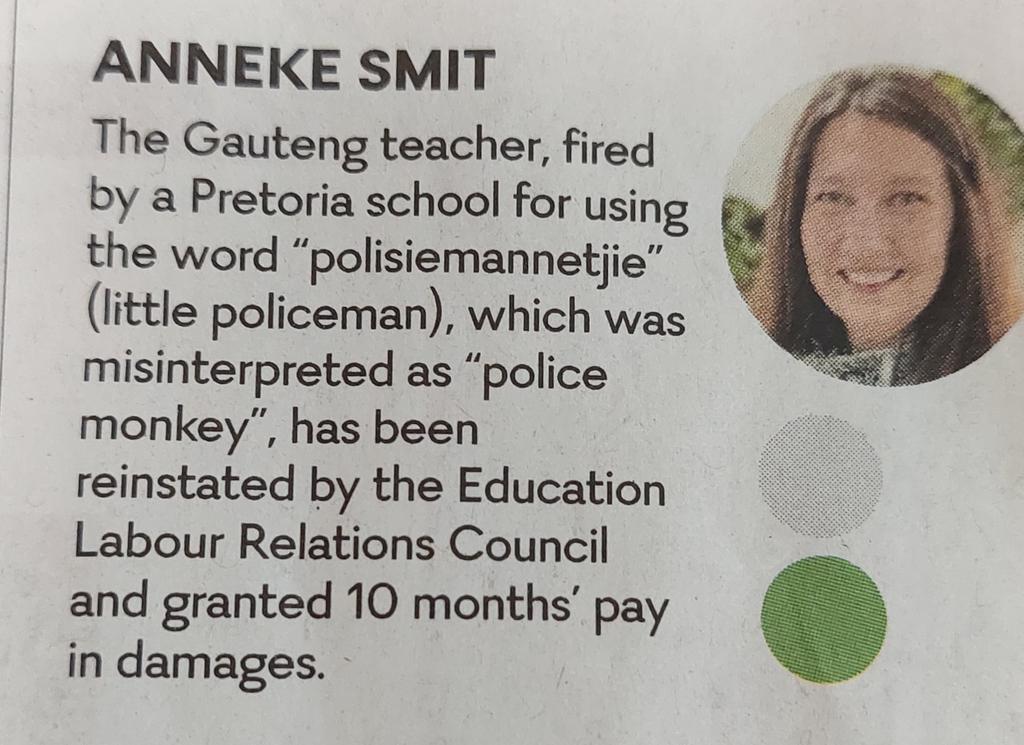 helenzille's tweet photo. Testament to the insanity of wokeness and "cancel culture" in our schools. Her career could have been totally destroyed because someone misheard the word "polisiemannetjie". https://t.co/f9mrcTsGcO