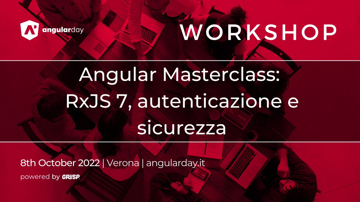 angularday's tweet image. ⌛Last days to get your ticket before the price increases to attend "Angular Masterclass: RxJS 7, autenticazione e sicurezza" with @biondifabio and @MicheleStieven

You have time until Sep. 25th, 22 ⌛

🎫2022.angularday.it/workshop

See you on Oct. 8th, 22 in Verona

@grusp
