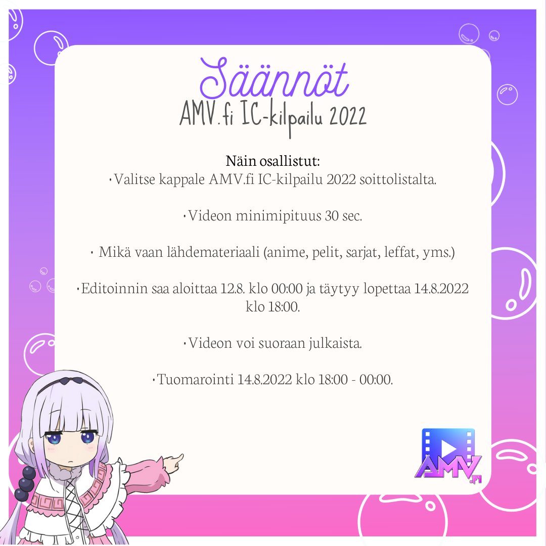amv_fi's tweet photo. Olemme järjestämässä IC-kilpailua https://t.co/IO2B9okPm6 Discord-serverillä 12.-14.8.2022! Kilpailuun saa osallistua kaikki serverin jäsenet.

Liity Discordiin: https://t.co/zVsvPR6MjU https://t.co/LHtXSf92Vk