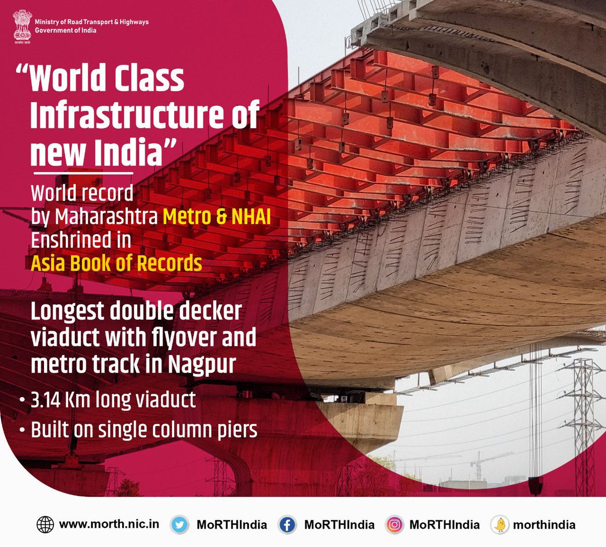 MORTHIndia's tweet photo. Kudos to Maharashtra Metro &amp; @NHAI_Official for setting New Record For Building Longest Double Decker Flyover with an elevated highway, &amp; Metro Rail supported on a single-column pier. https://t.co/7dEM68xTwR