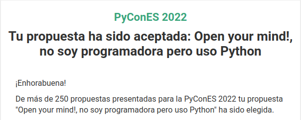 Me costo procesar este momento, pero ¡lo logré!, mi primera charla aceptada. ¡Gracias! a <a href="/PyConES/">PyCon España - 🦋 @es.pycon.org 🦋</a>, por está oportunidad .
Aún me cuesta asimilarlo 😱🥲🥰 estoy en #shock (aún)  . Espero poder estar a la altura de tod@s.
¡Nos vemos en Granada!💓