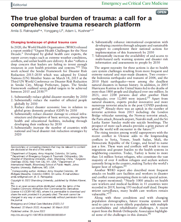 ECCM_official's tweet photo. #TraumaIssue: The Editorial calls for a comprehensive trauma research platform to address health care system challenges. Authors: Prof. Amila S. Ratnayake @amilaratnayake (Guest Editor), Prof. Yonggang Li (Guest Editor), Adam L. Kushner @DrAdamKushner. 
https://t.co/X3fyiUIqNa https://t.co/rdeRybPWYi