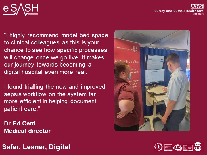 EsashP's tweet photo. We're calling our simulation sessions 'model bed space' and they offer clinical colleagues an opportunity to practice using our new SASH @CernerUK EPR ahead of go live. Here's what our @sashnhs medical director had to say about his session with Emma in the eSASH hub...🗨️ https://t.co/eGLoSknAWV