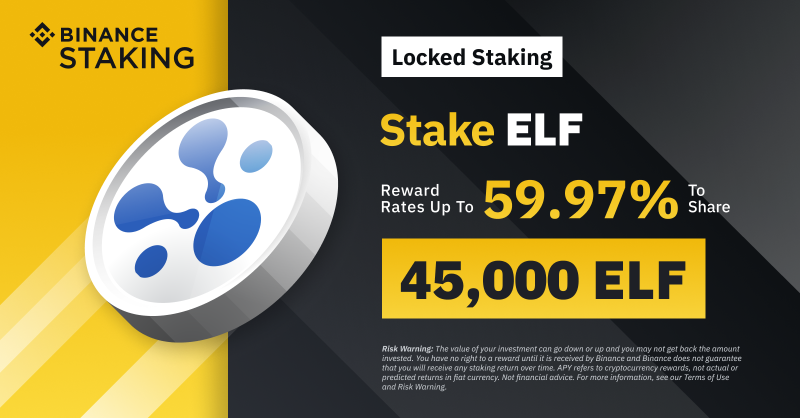 binance's tweet photo. $ELF Staking Special: Enjoy up to 59.97% reward rates and a share of 45,000 $ELF!