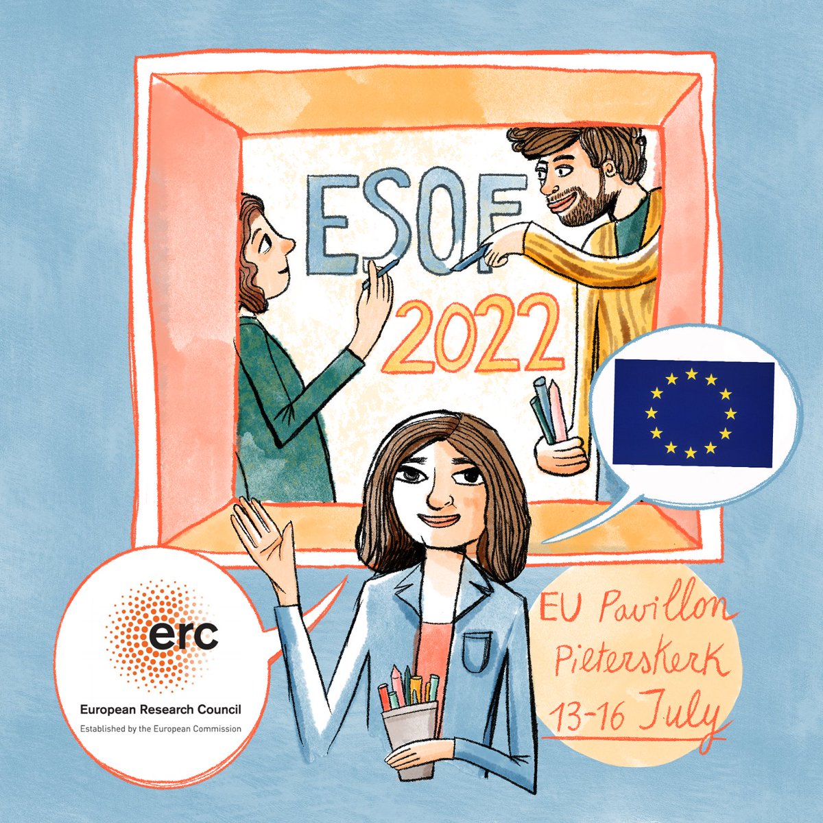ERC_Research's tweet photo. Come and 👀 how visual storytelling helps communicate science!
2 artists from the #ERCcOMICS campaign will be working this week at #ESOF2022's EU pavilion in Pieterskirk, Leiden.
Open to the public:
14-18:00 on 14 & 15/7
9-16:00 on 16/7
@erccomics @RIVAIllustrati1 @Guarnaboy https://t.co/3NR8hFths5