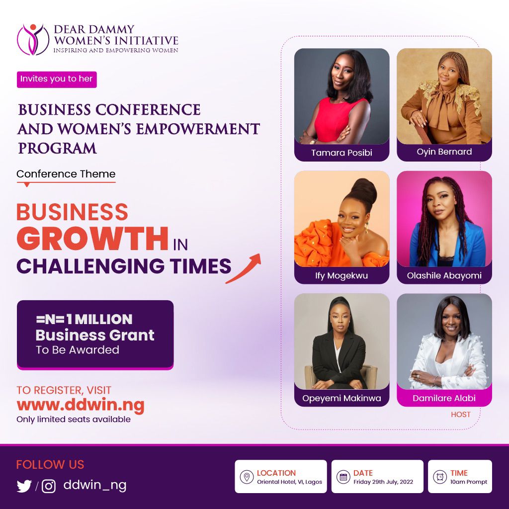 Are you a female business owner?

Join me and 5 top entrepreneurs speak about business success at the DearDammy Women’s Initiative conference. 

A total of 1 Million Naira business grant will be awarded to female business owners on the day. 

Register:  ddwin.ng