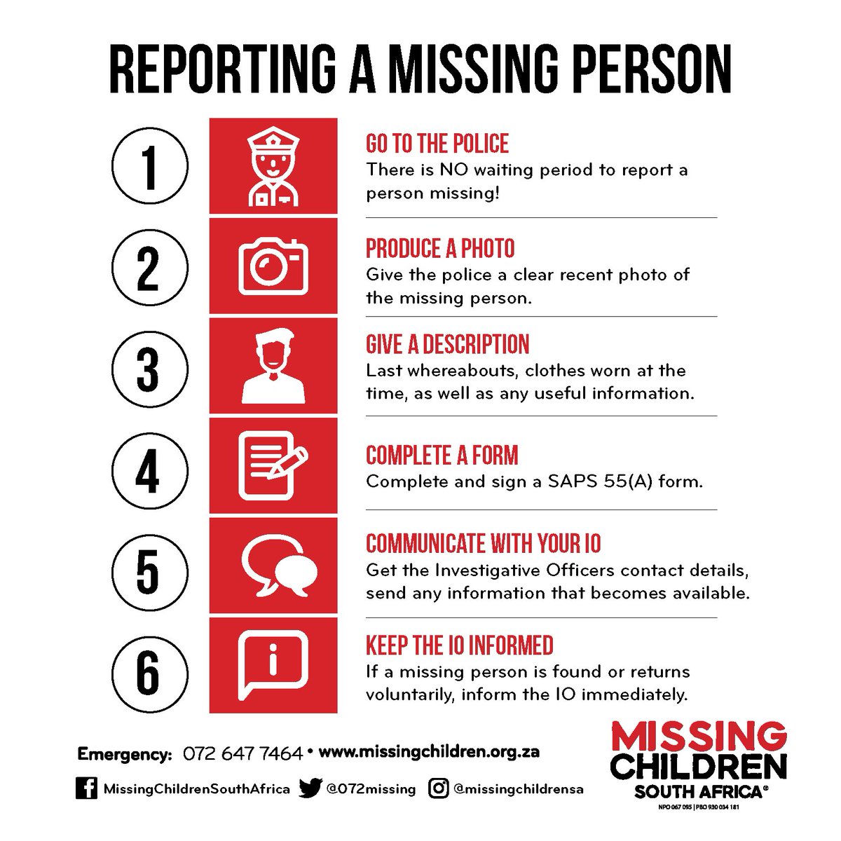 072MISSING's tweet photo. Do you know exactly what to do #WhenAChildGoesMissing?

Follow these 6 steps below👇🏼 and remember, there’s #NoWaitingPeriod - go to your nearest police station as soon as possible!

Please do consider assisting #MCSA financially. Click on the link in our Bio, to see how 🙏 https://t.co/DhqEytW0cT