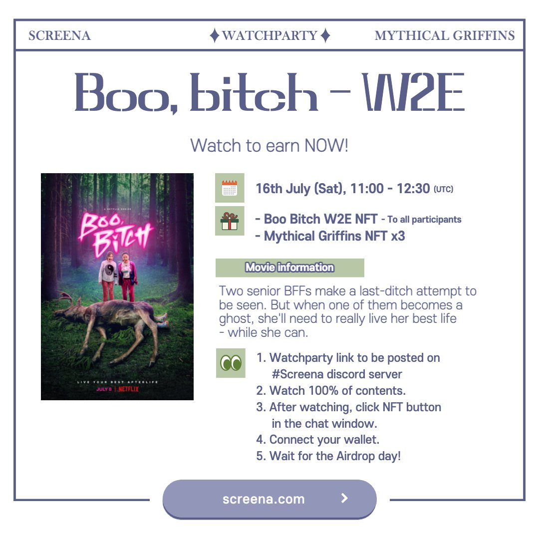Screena X <a href="/Mythic_Griffins/">Mythical Griffins</a> 
Watch Netflix, Get NFT!🥳

To get:
1️⃣ join Mythical Griffins&amp;Screena server
discord.gg/d7RTukHQ4M
discord.io/screena

2⃣Follow <a href="/Mythic_Griffins/">Mythical Griffins</a> 
3⃣Watch Netflix together!

#Netflix #W2E #Watchtoearn #POAP #NFTGiveaway #FreeNFT